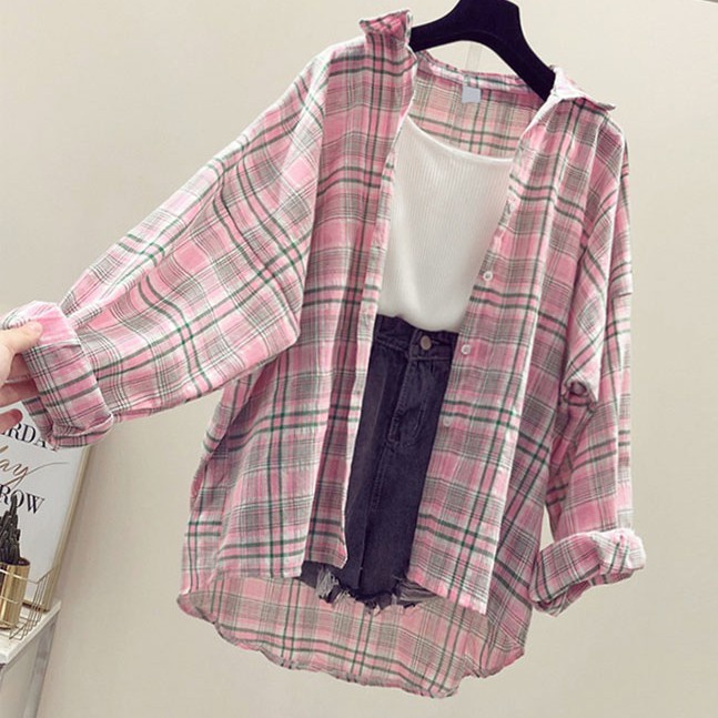 S-2XL Korean Version bf Style Fashionable Long-Sleeved Large Plaid