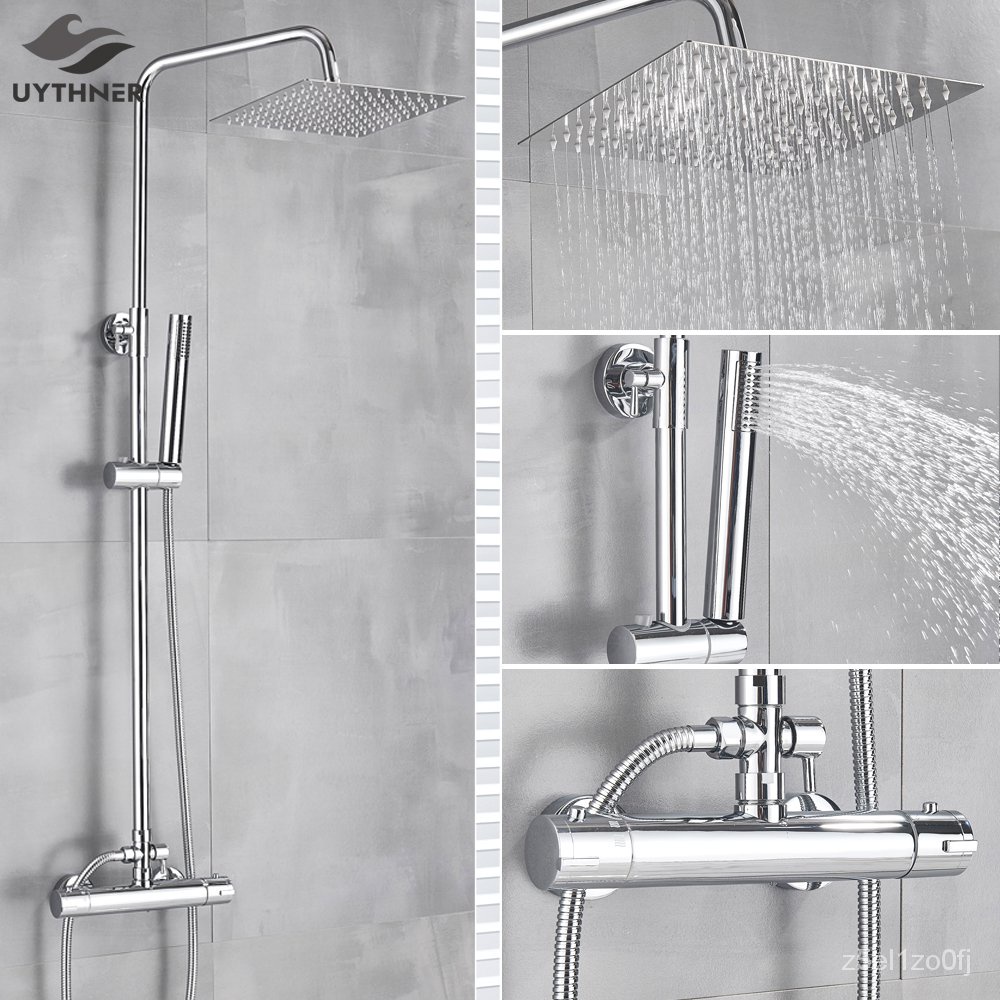 Thermostatic 3/4 Way Valve Black Bathroom Rain Shower Faucet Gel Holder Shelf 