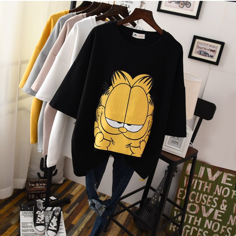 Ready Stock Women Korean Cartoon Cat Plus Size Cotton Loose Short Sleeve Garfield Tshirt Shopee Singapore