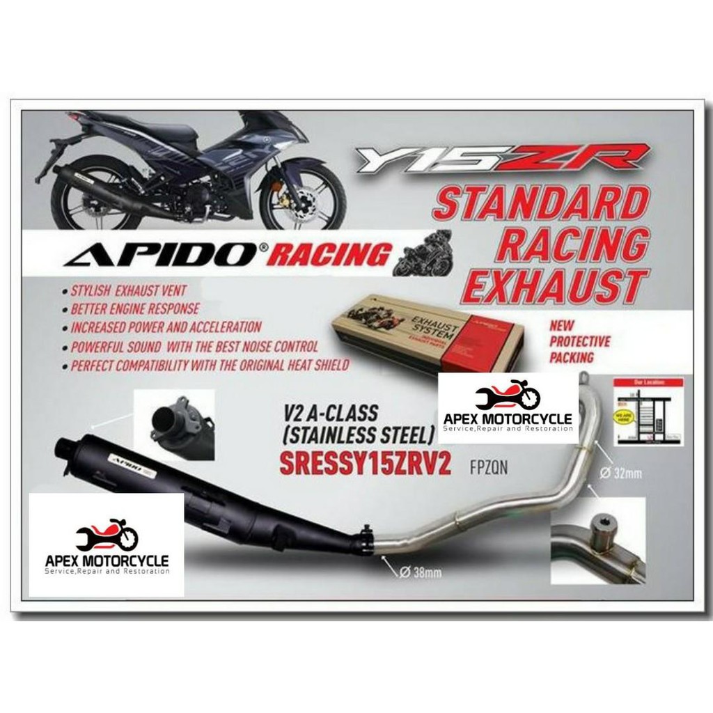 Apido Sniper Exhaust Brand New Ready Stocks Y15zr Exhaust Muffler Racing Cutting Standard Apido 32mm V2 Shopee Singapore