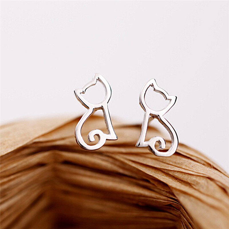 1 Pair Silver Plated Elegant Earrings Lovely Hollow Out Cats Cartoon Earring P*C 