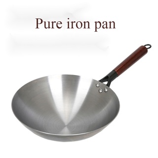 Pre-Seasoned Traditional Non-coated Carbon Steel Pow Wok with Wooden/Cast iron wok/Kuali Besi/Kuali Hitam/Fine wok/traditional old-fashioned pure wok/wooden handle wok/gas stove round bottom healthy uncoated wok/精铁锅/传统老式纯铁锅