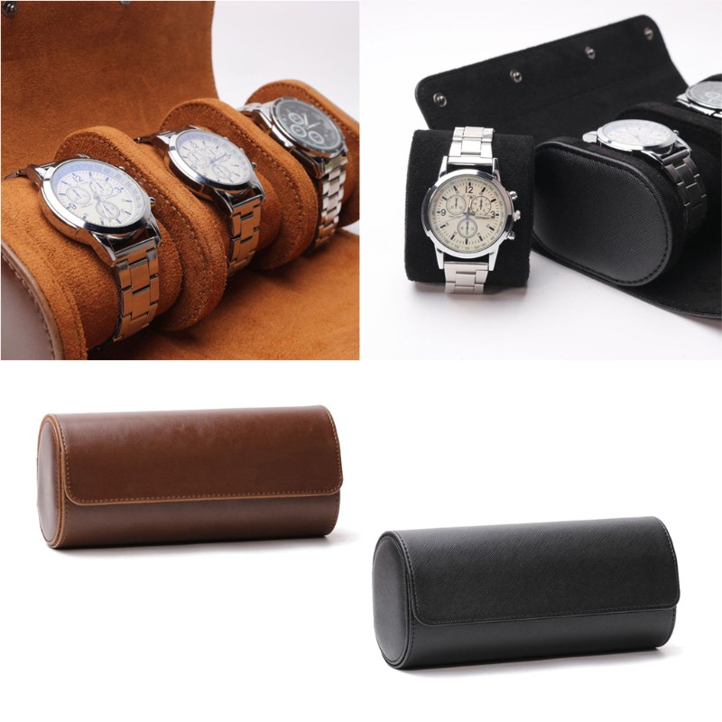 REDD 3 Slots Portable Leather Watch Storage Box Slid in Out Watch Roll Travel Case
