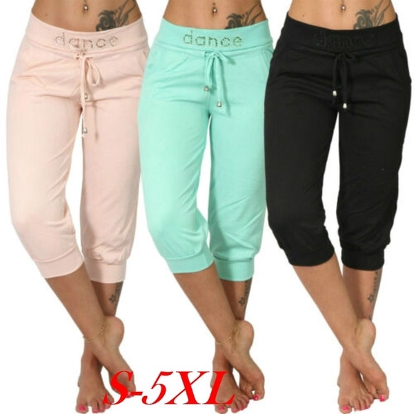 A Women Joggers 3 4 Pants Casual Elastic Waist Sport Women Fitness Pants Capri Hose Strass Dance Paisley Drawstring Female Trouser Shopee Singapore