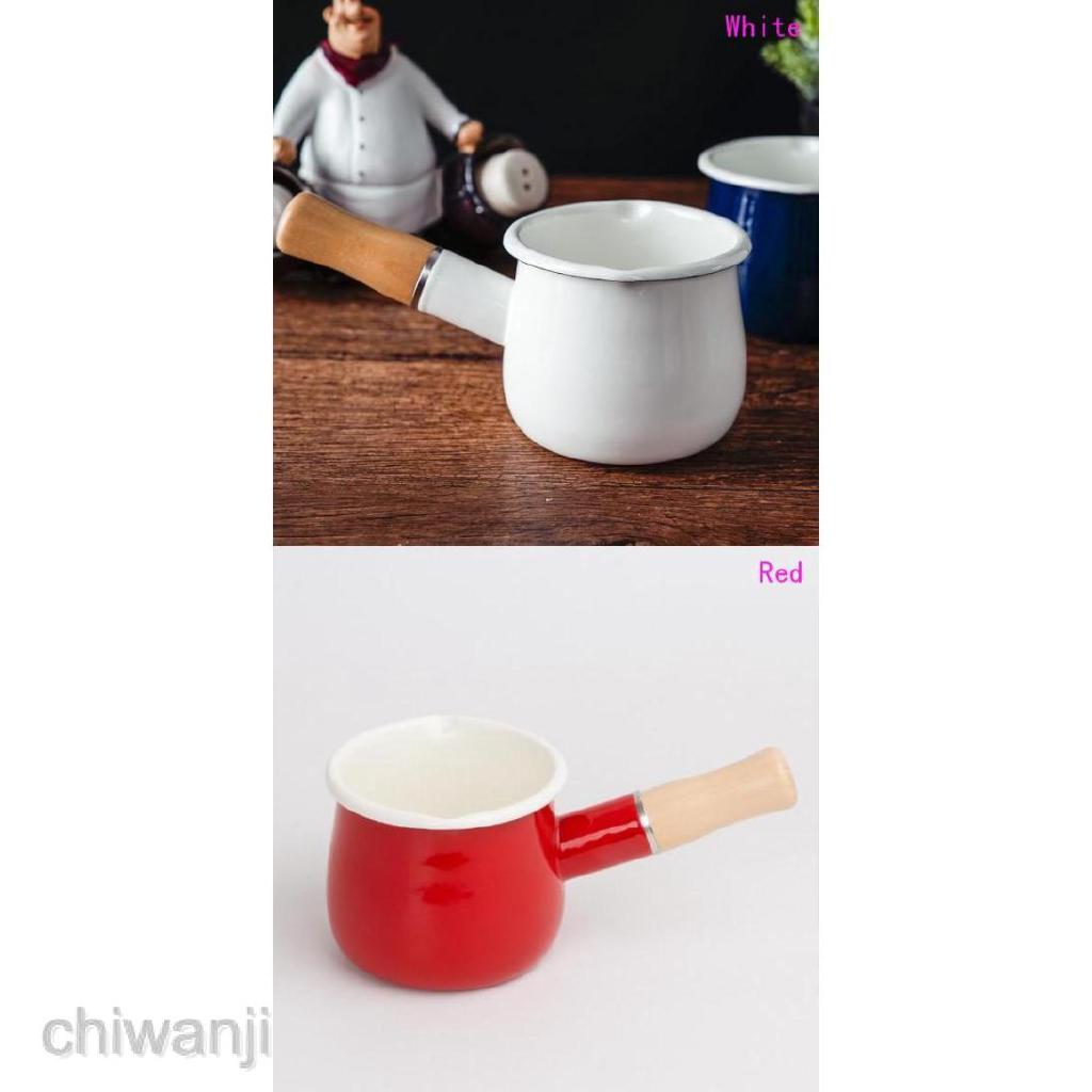 White Small Enamel Milk Tea Pan With Wooden Handle Boiling Pot Saucepan