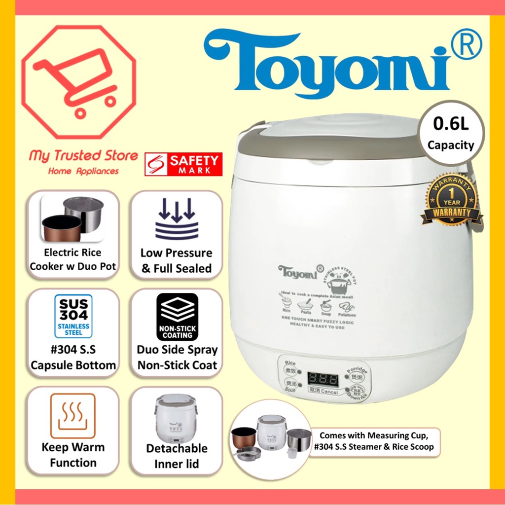 TOYOMI 0.6L RC 818 Mini Fuzzy Logic Rice Cooker with Duo Pot Shopee
