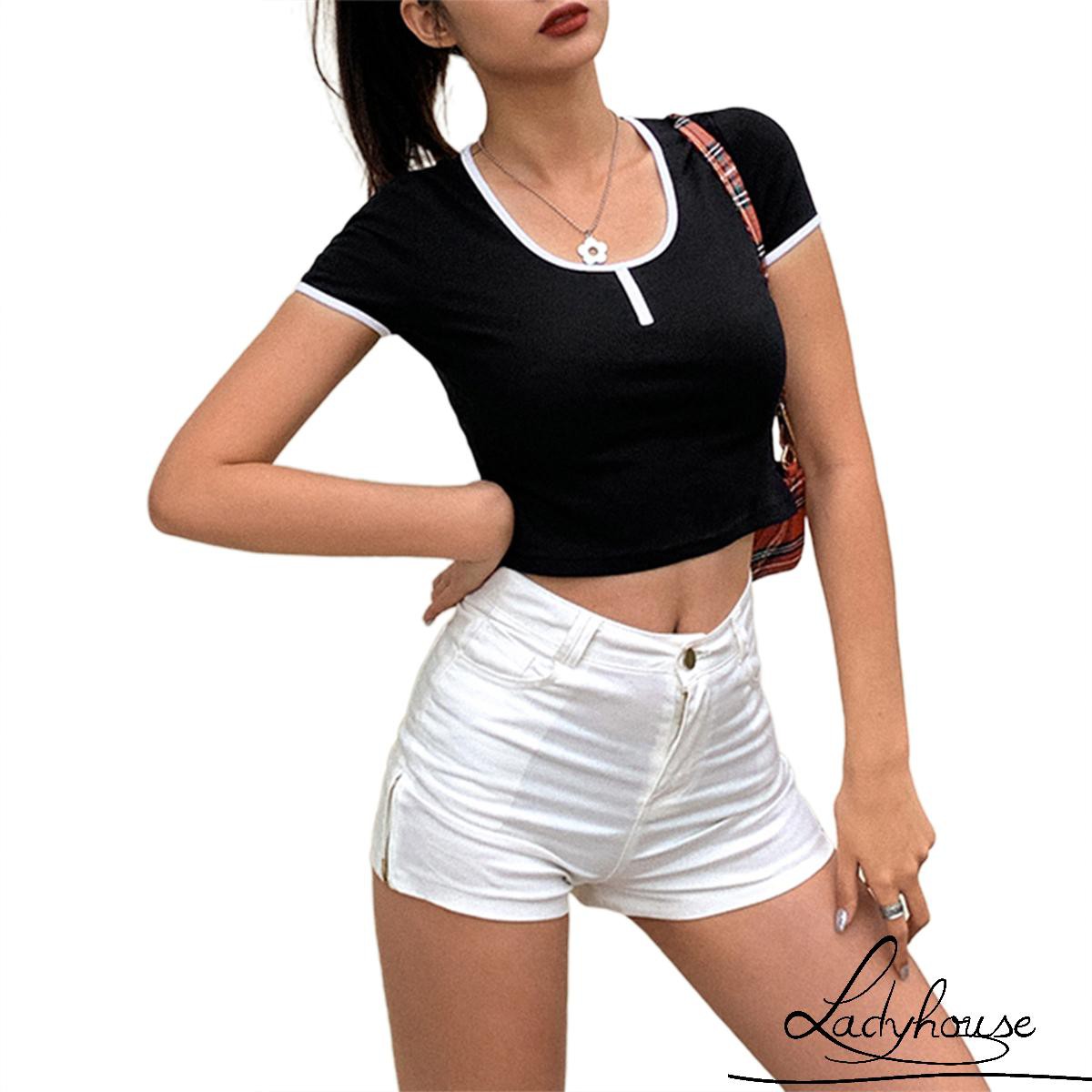 Ld Women Short Sleeve Round Neck Crop Top Summer Fashion Pullover T Shirt For Ladies Girls Shopee Singapore