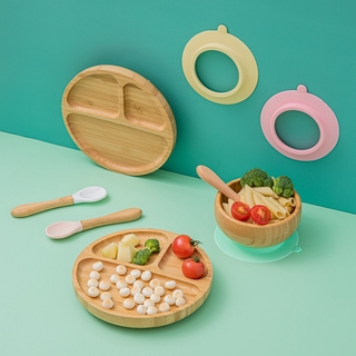 Baby Tableware Five Colors Bamboo Bowl Spoon Plate with Suction Cup Strong Adsorption Force Safe and Healthy Baby Tableware #0