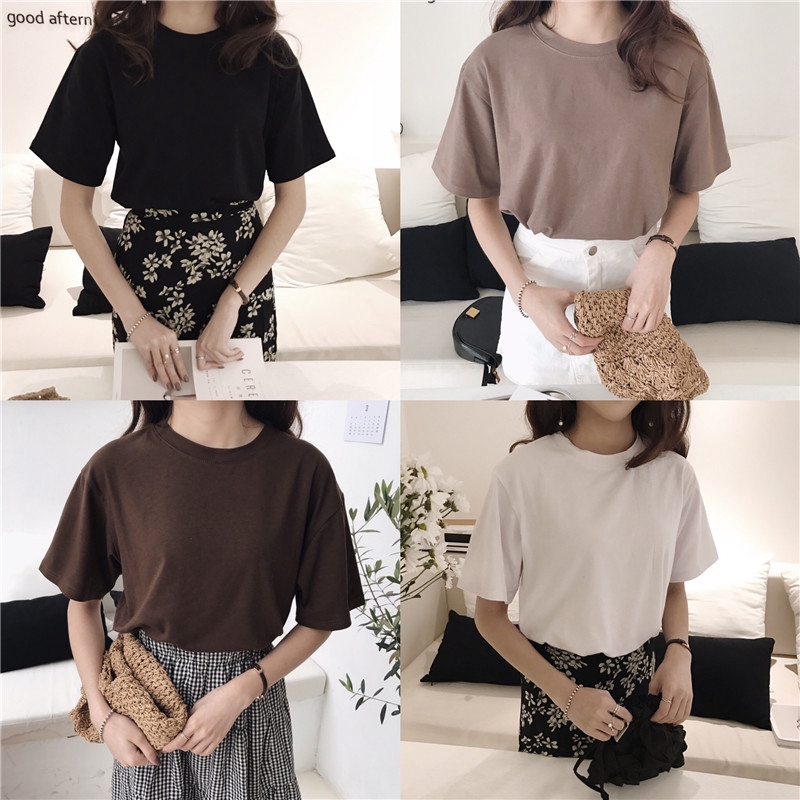 Women's Korean Fashion Cotton Tops Loose Round neck Short Sleeve Cotton ...