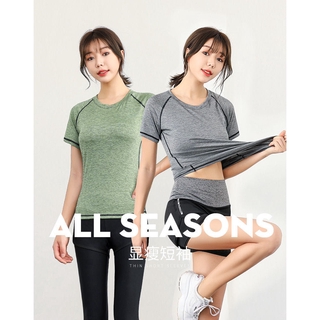 Image of women round neck T-shirt short-sleeved quick-drying sportswear top breathable slim running gym clothing big size S-XXXL