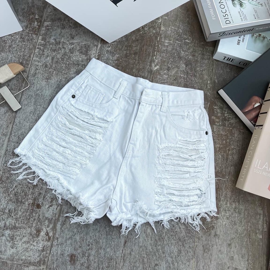 Quần short nữ cạp cao Phong cách Hàn Quốc - Quần sooc bò đáp rách