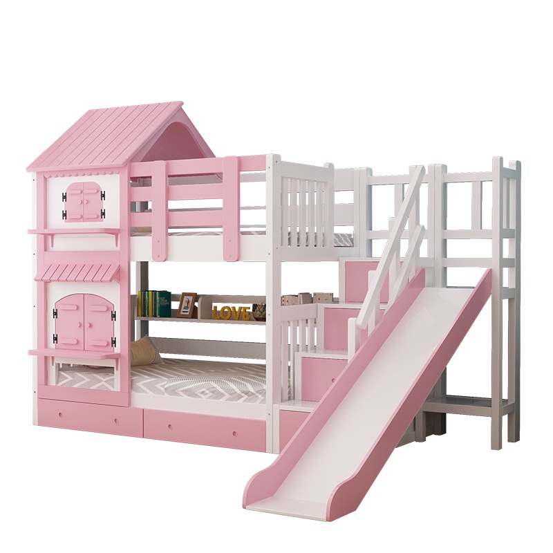 Bed Frame Children's Bed Wood Solid Children Upper Lower Bunk High and Low Double Layer Mother Girl Princess Castle Small Tree House with Slide Cj