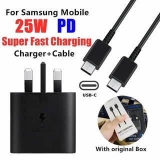 Samsung 25W Set Super Fast Charger USB-C to USB C 1m/1.5m/2m Type C to Type-C Charging Cable UK Plug Travel Power Adapter For S20 Ultra S20+ S21 Plus Note 10 10+ Note20 A90 A80 A70 A71