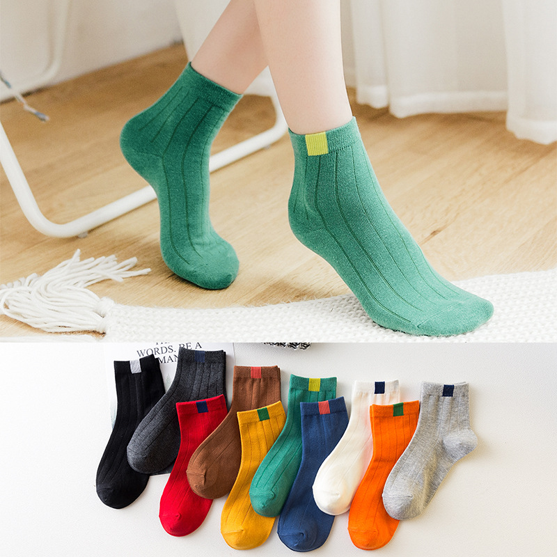【qi.miao】Solid color tube socks Plain color cotton socks All cotton ...