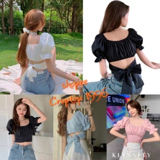 Croptop shirt with bow tie in back - puffy neck U-neck shirt. code A32