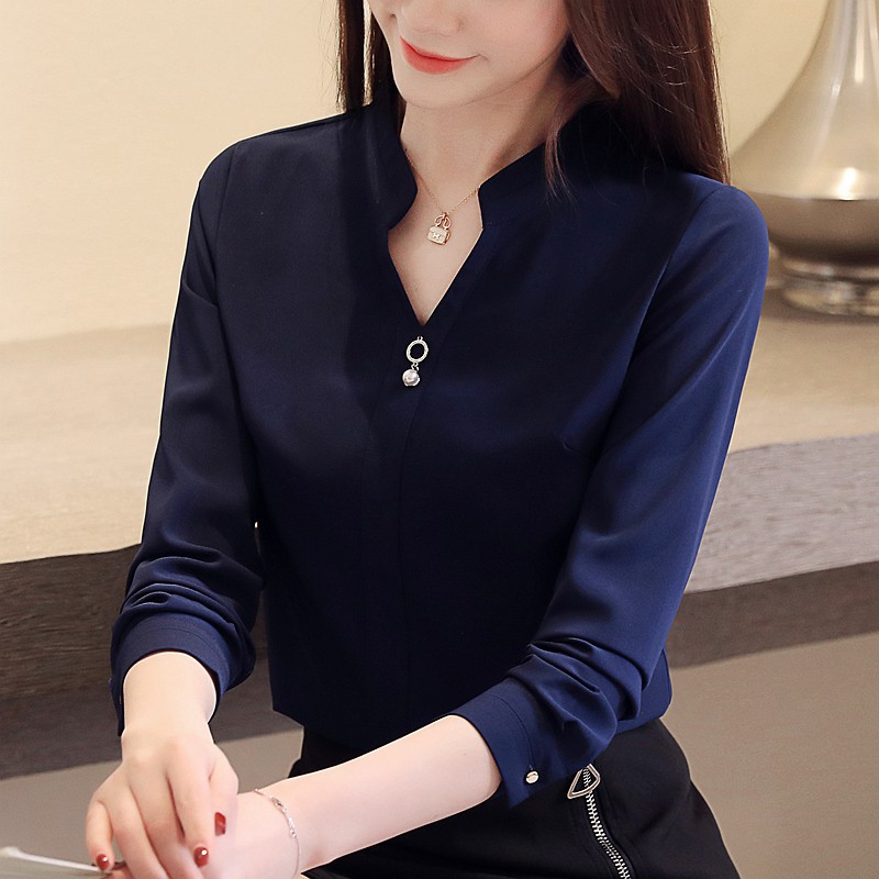 Women Fashion Elegant V Neck Long Sleeve Shirts Summer Chiffon Office ...