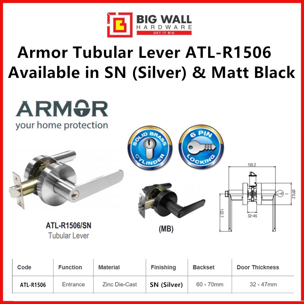 Armor Tubular Level Handle ATLR1506 6 Pin Locking Door lock (Available