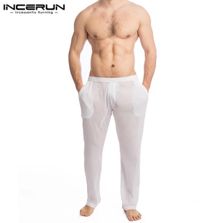 INCERUN Men Mesh Transparent Thin Elastic Waist Solid Color Loose Long Pants