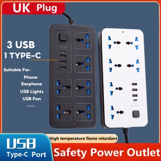 Multi Plug Extension Socket Desktop with 2 Meter Power Cord 3250W 13A 1 PD 20W Type-C and 1 USB-C and 3 USB-A Port Hulker Extension Lead with USB C Ports Power Strip with 3 Way Outlets 5 USB Slots 