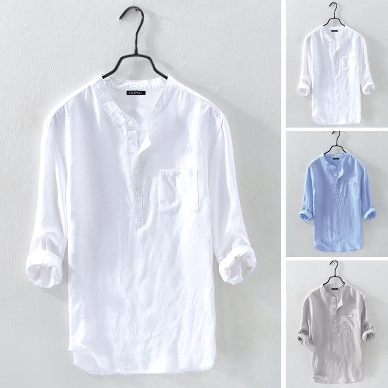 Image of Mens Casual Roll Sleeve Cotton Loose Buttons Summer Shirts