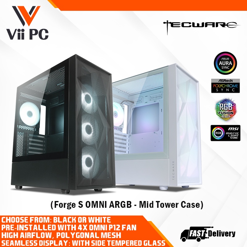 Tecware Forge S Omni TG ARGB ATX Tower Chassis / 4x Omni P2 ARGB Fans ...