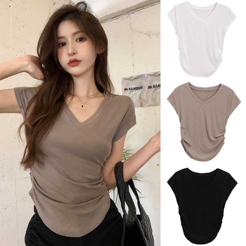 Image of Pure cotton slim fit solid color v-neck short-sleeved T-shirt crop top #0