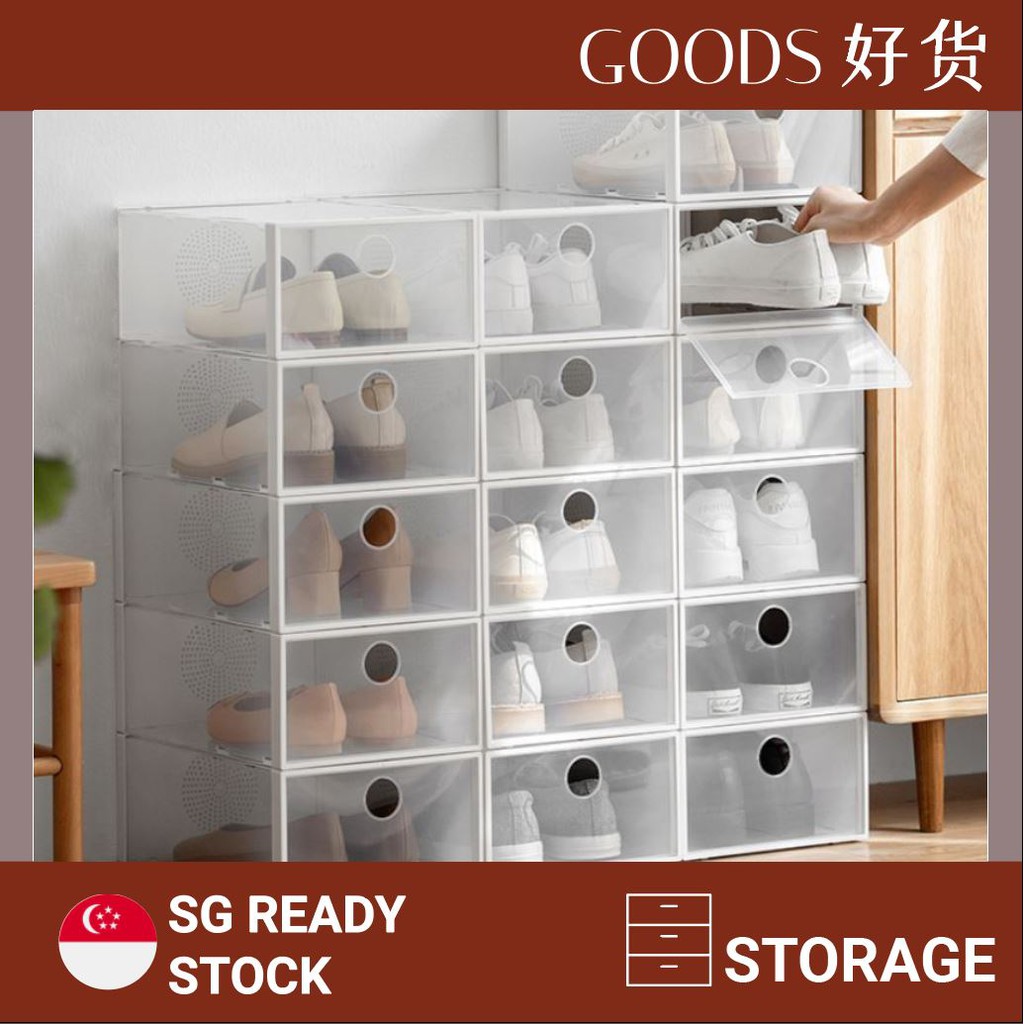 Japanese Style Set Of 2 Big Plastic Stackable Shoes Box Storage Rack Organizer Drawer Shelf Foldable Shoe Cabinet Shopee Singapore