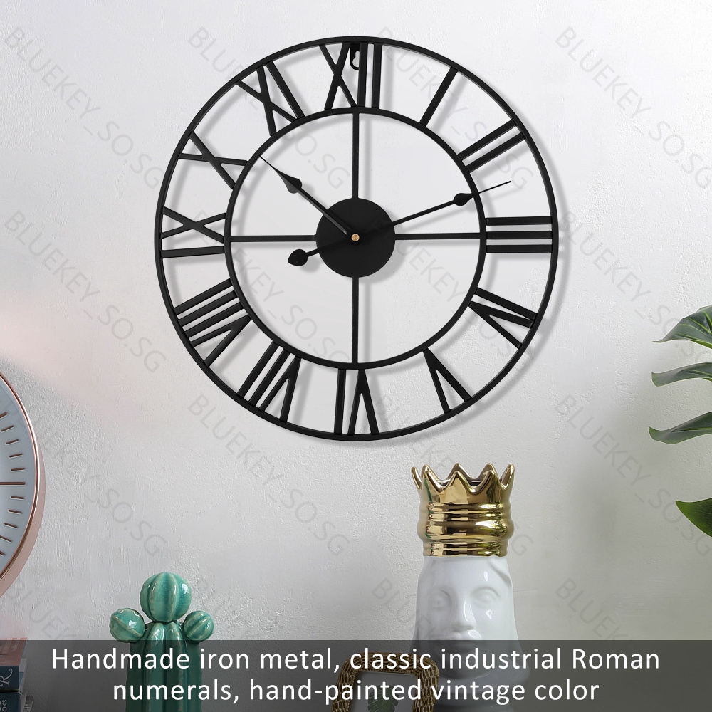 Home retro living room wrought iron wall clock Nordic decorative clock round Roman mute clock