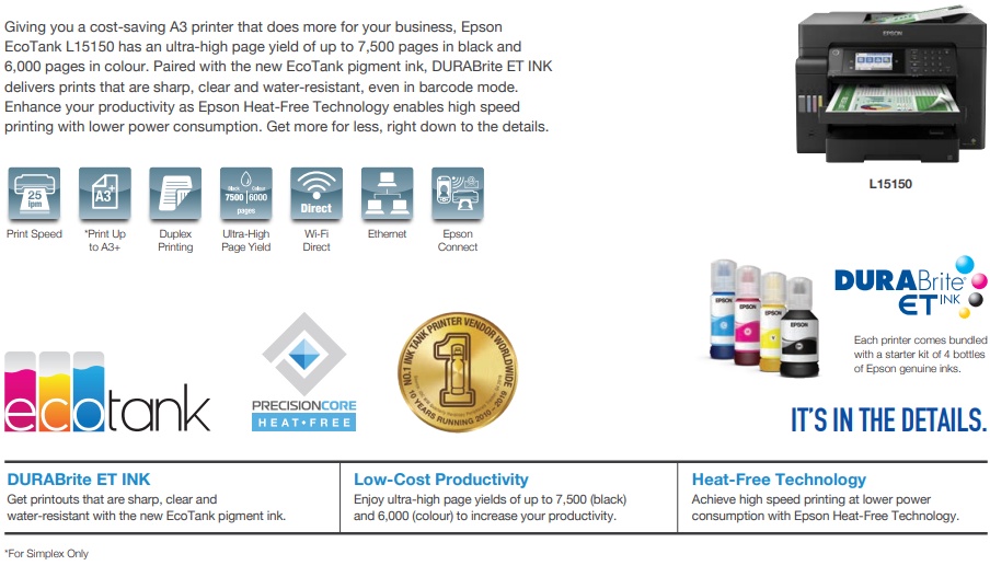 [Singapore Warranty] Epson L15150 Business A3 WiFi Duplex AllinOne