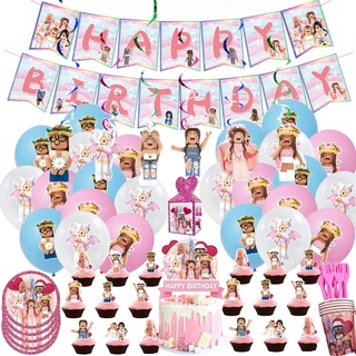 roblox theme birthday party decoration for girl pink color roblox party backdrops girl roblox balloon banner cake tooper
