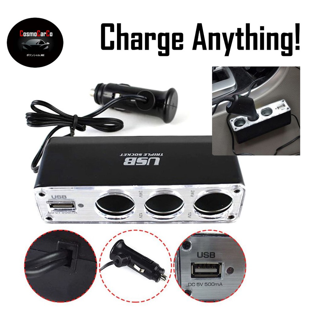 SG SELLER 3 Way Car Charger USB Adapter Splitter Chargers Socket Charging Port Power Adaptor Extension