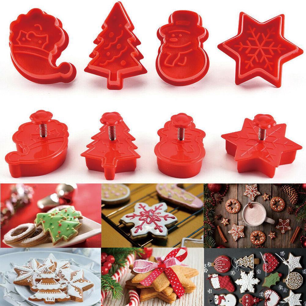 4pcs Christmas Cookie Plunger Cutter Mould Fondant Cake Mold Bake