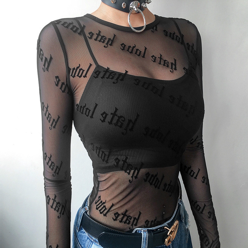 Mesh Perspective Shirt Stretch T Shirt Backless Alphabet Printing Long Sleeve Top New Sunscreen Bottoming Shirt Hip Hop Pullover Tights Sexy Lingerie Shopee Singapore
