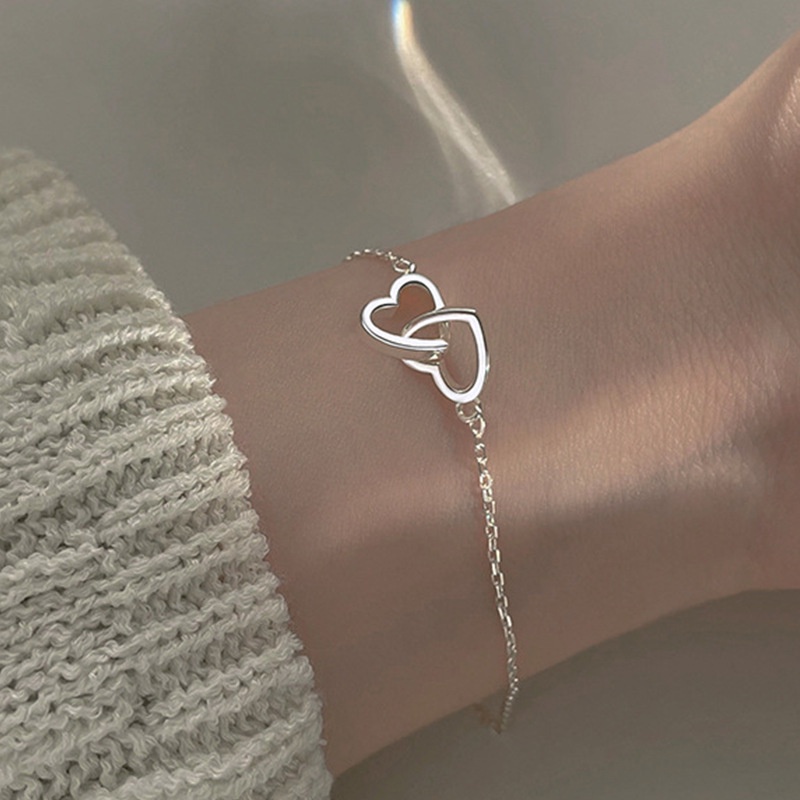 Image of Fashion Double Heart Silver Plated Interlocking Petite Heart Bracelet For Women #0