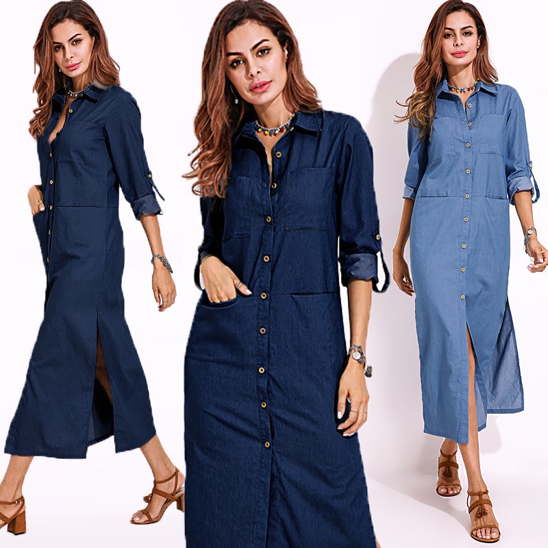 long denim button down dress