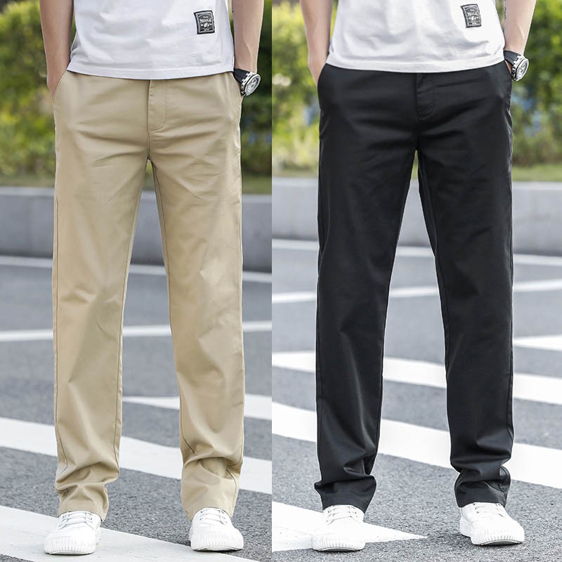 Men Straight Casual Pants Loose Cotton Long Trousers Black Khakis ...