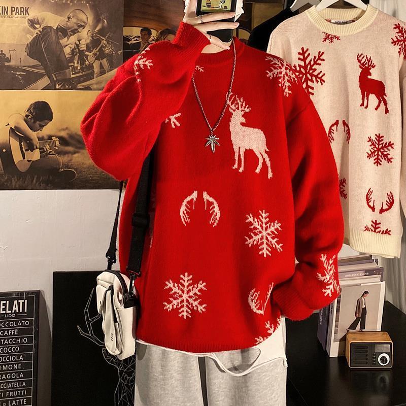 Christmas Theme Elk Red Sweater Men Loose Lazy Style 2020 Autumn Winter  Couple Wear Thickened | Shopee Singapore