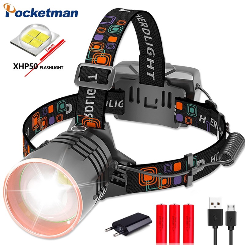 Superbright LED Headlamp Water Resistant Head Torch Built-in 3x18650 Rechargeable Batteries 2 Light Modes Headlight for Outdoor 