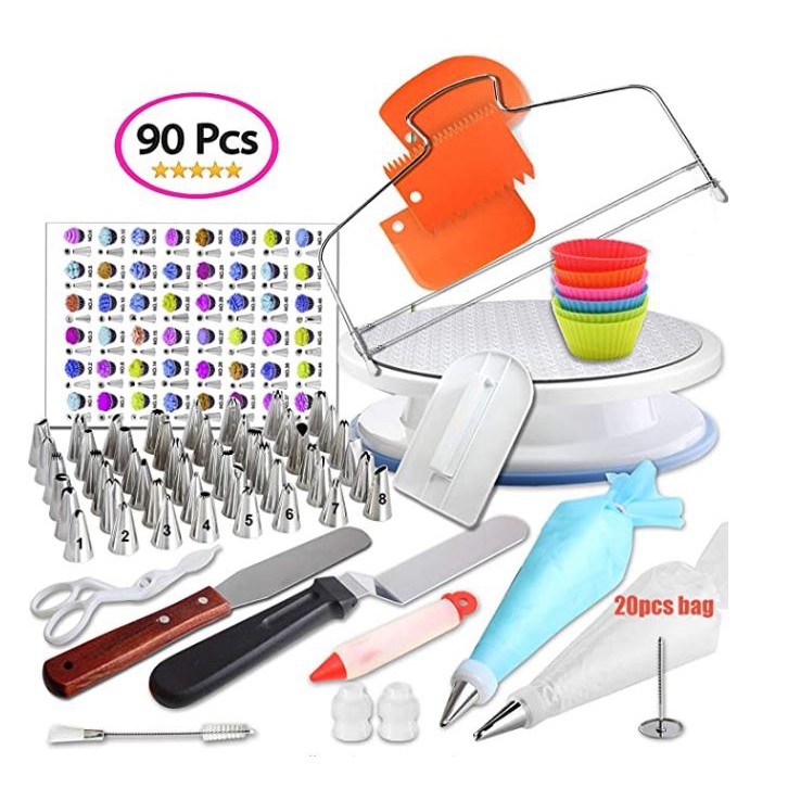 90pcs cake decorating set of piping tips turntable cake slicer russian piping nozzle spatula cupcake liner