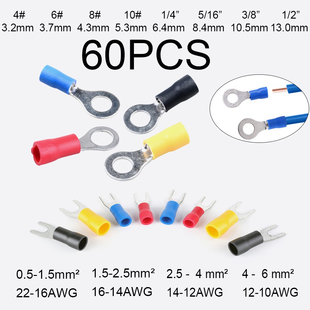 60Pcs Ring Terminals Crimp Connector Wire Terminal Cable Electric Connector Assortment Fork Terminals for Wire Lug Terminal