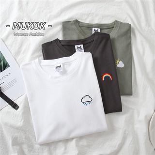 Image of MUKOK Round Neck T-shirt Korean Rainbow Embroidery Short Sleeve Shirt T-shirt