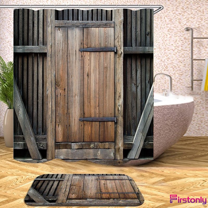 Bathroom Barn Door Shower Curtain Decor Set Wooden Door Design Bath Curtains 12 Hooks Shopee Singapore
