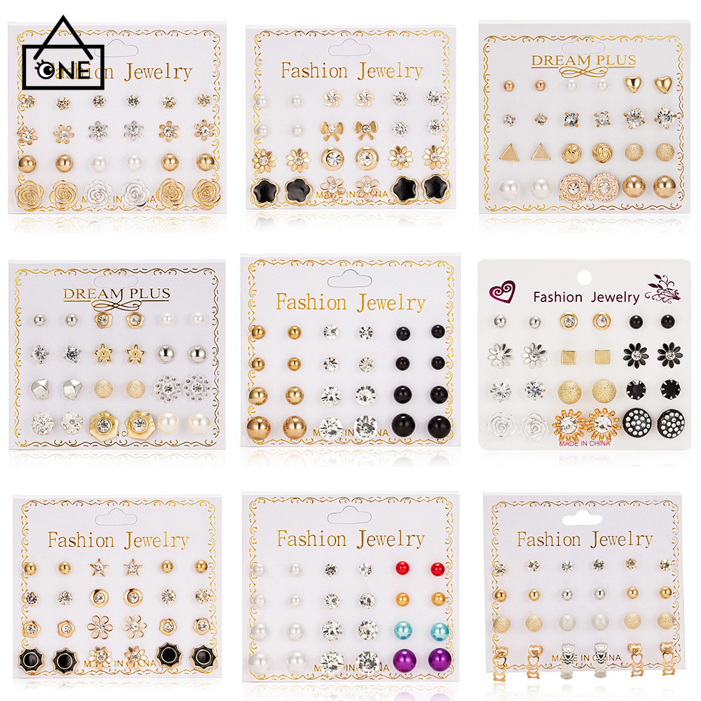 12pair/Set Korean imitation zircon earrings pearl diamond earrings earrings factory wholesale