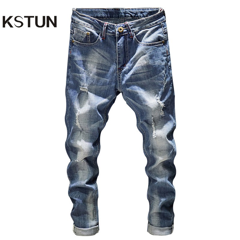 Airgracias Ripped Jeans Men Slim Fit Light Blue Stretch Fashion Streetwear Frayed Hip Hop Distressed Casual Denim Jeans Pants Male Trousers Birthday Gift Shopee Singapore