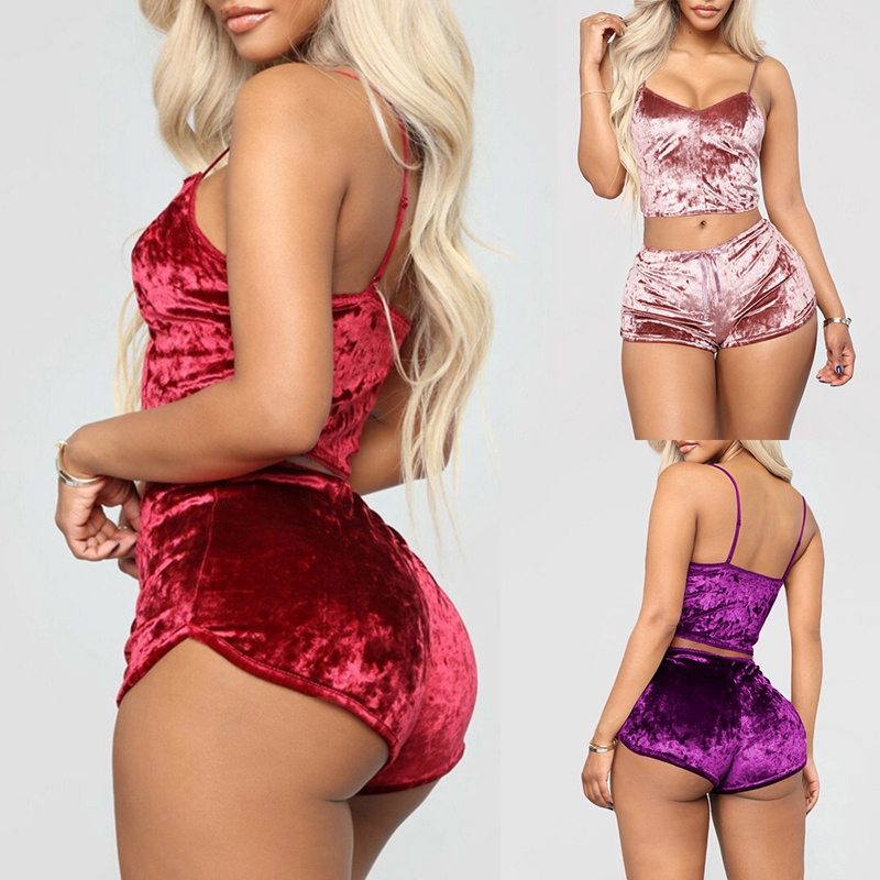 Image of Women's Pajamas Sexy Nightwear Set Velvet Outfit Spaghetti Strap Sleeveless Crop Top+ Shorts Set #1