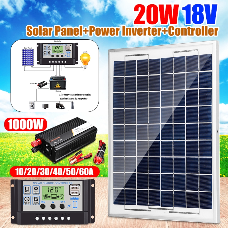 1000W DC 12V TO AC 220V Car Power Inverter 18V Solar Panel 12/24V 60A