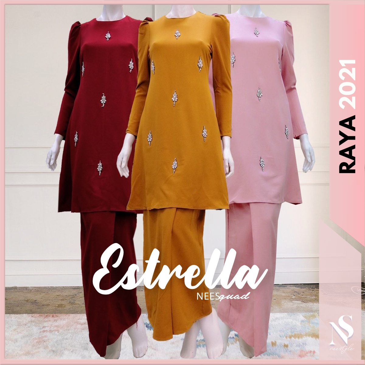 Baju Raya 2021 Estrella Baju Kurung Moden Beads Puffy Sleeves Size S M L Xl Shopee Singapore