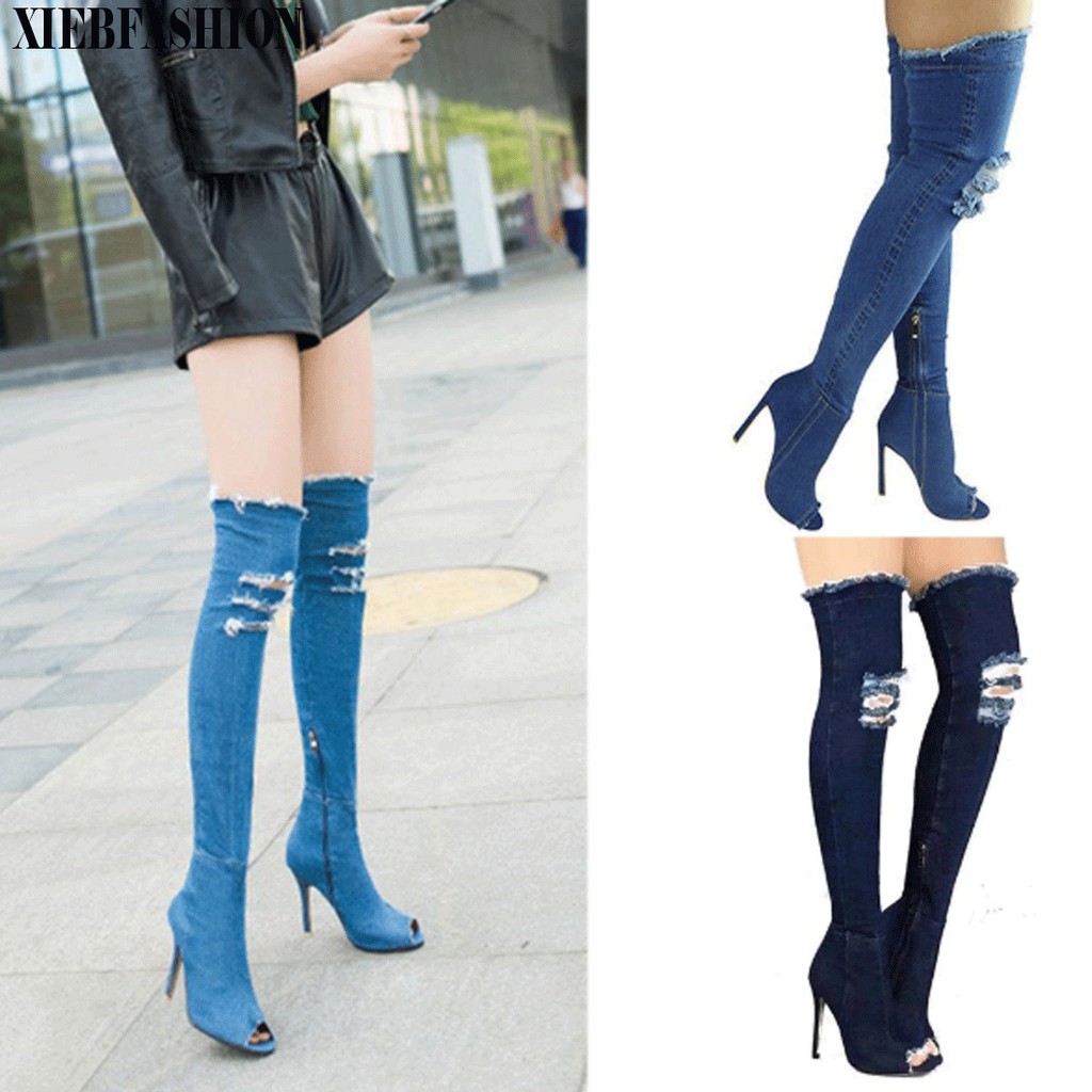 blue thigh high heel boots