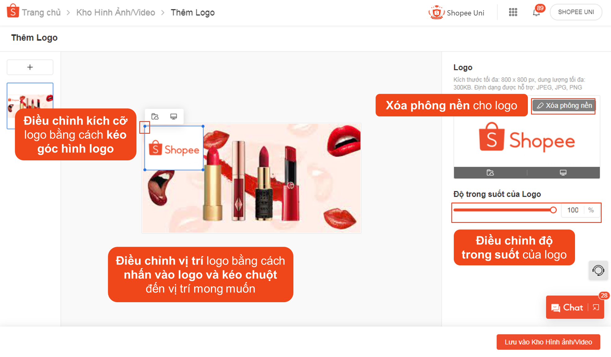 Thêm Logo Shopee: Bạn là một nhà kinh doanh trực tuyến và muốn tăng thêm uy tín cho thương hiệu của mình? Hãy thêm logo của Shopee vào các bức ảnh quảng cáo của bạn. Điều này sẽ giúp cho sản phẩm của bạn nổi bật hơn trên trang web của Shopee, thu hút được nhiều khách hàng hơn. Hãy bắt đầu thể hiện sự chuyên nghiệp trong công việc của bạn và cùng thăng tiến trên con đường kinh doanh trực tuyến.