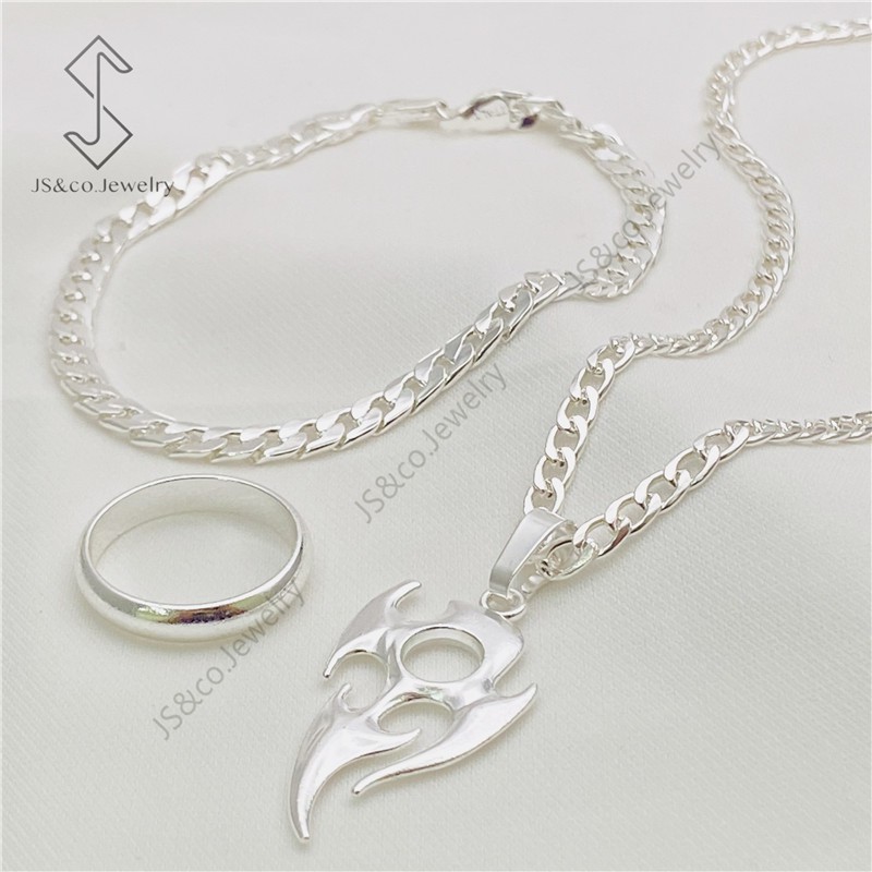 JS&CO jewelry 925 Silver 3in1 Pendant Necklace Bracelet Ring Set for Unisex set-214